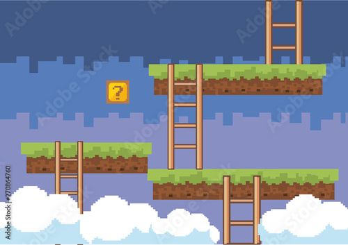 Arcade game world and pixel scene design  vector illustration