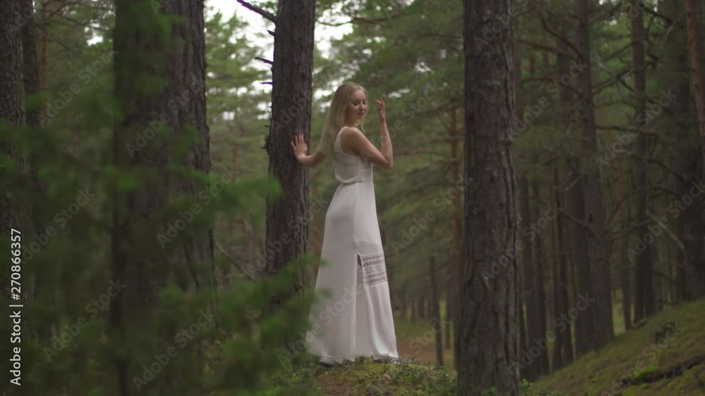 Walking Beautiful young blonde woman forest nymph in white dress in evergreen wood Walking Beautiful young blonde woman forest nymph in white dress in evergreen wood