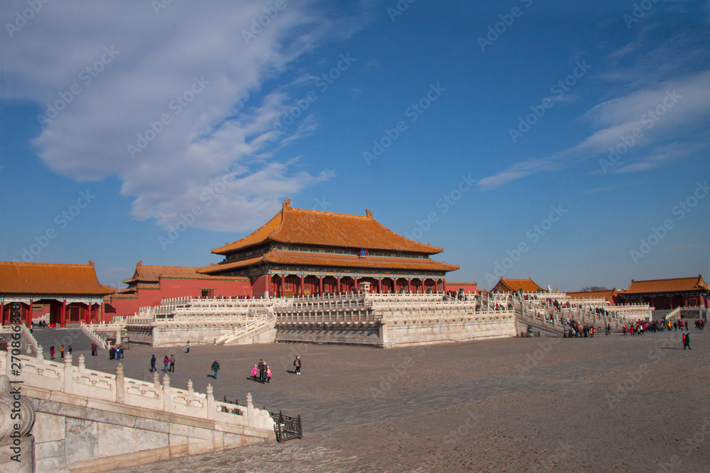 The forbidden city in Beijing, China. Chinese imperial palace from the Ming Dynasty. View over the Harmony Square with the Hall of Supreme Harmony in background The forbidden city in Beijing, China. Chinese imperial palace from the Ming Dynasty. View over the Harmony Square with the Hall of Supreme Harmony in background