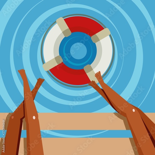 lifebuoy on the water and women's legs on the bench, summer