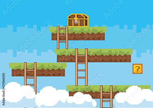 Arcade game world and pixel scene design  vector illustration