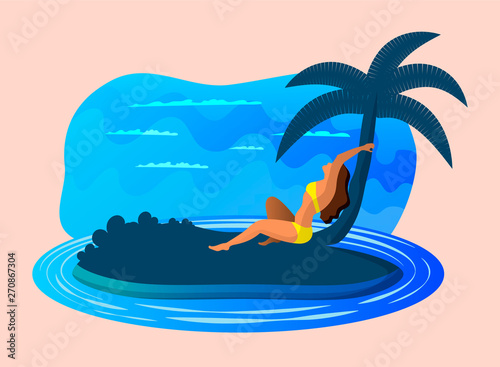 Vector image with women sunbathing on the little island. Single litle island in the warm water. Flat design for cards, web, banners, invitations etc. Palm tree, clear sea water.