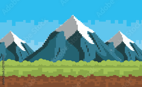 Arcade game world and pixel scene design  vector illustration