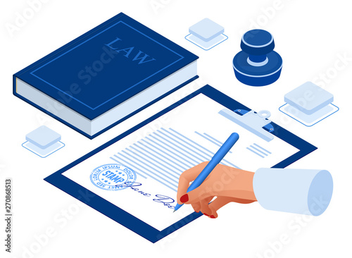 Isometric signed a contract with a stamp. Document with a signature. The form of the document. Business financial agreement or contract