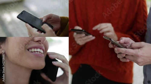 Collage of medium and close up shots of people talking and texting on phones. Lifestyle, communication concept