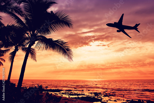 Tropical sunset with palm tree and airplane silhouettes in Hawaii. Travel and vacation concept. 