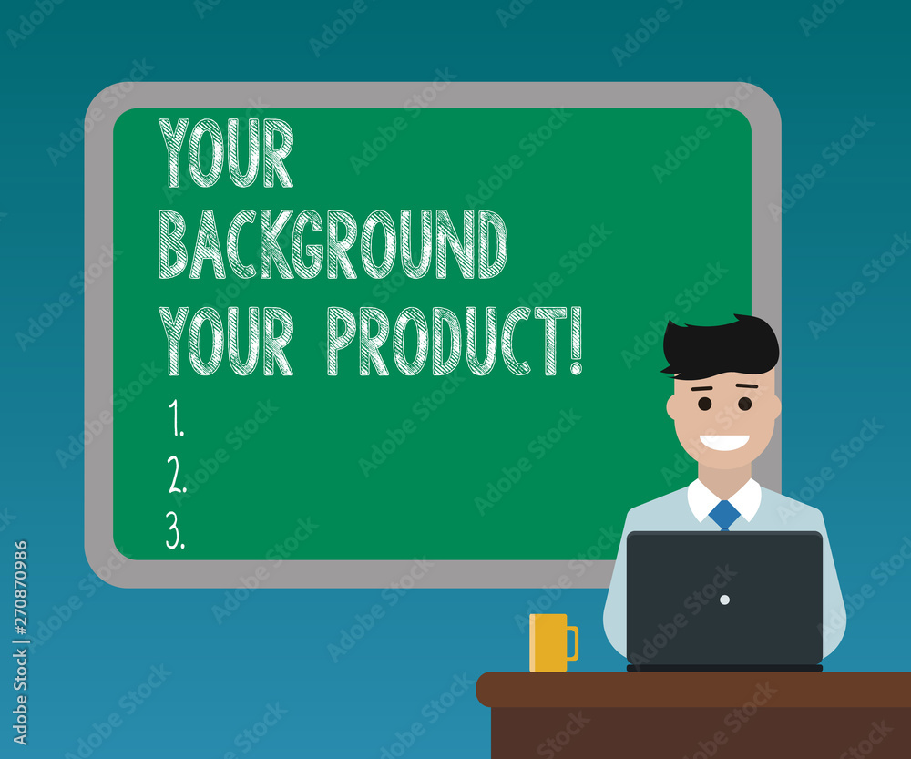 Handwriting text writing Your Background Your Product. Concept meaning Things you have done and learn in your business Blank Bordered Board behind Man Sitting Smiling with Laptop Mug on Desk Handwriting text writing Your Background Your Product. Concept meaning Things you have done and learn in your business Blank Bordered Board behind Man Sitting Smiling with Laptop Mug on Desk