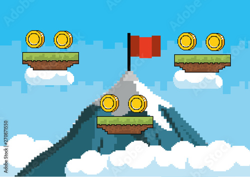 Arcade game world and pixel scene design  vector illustration