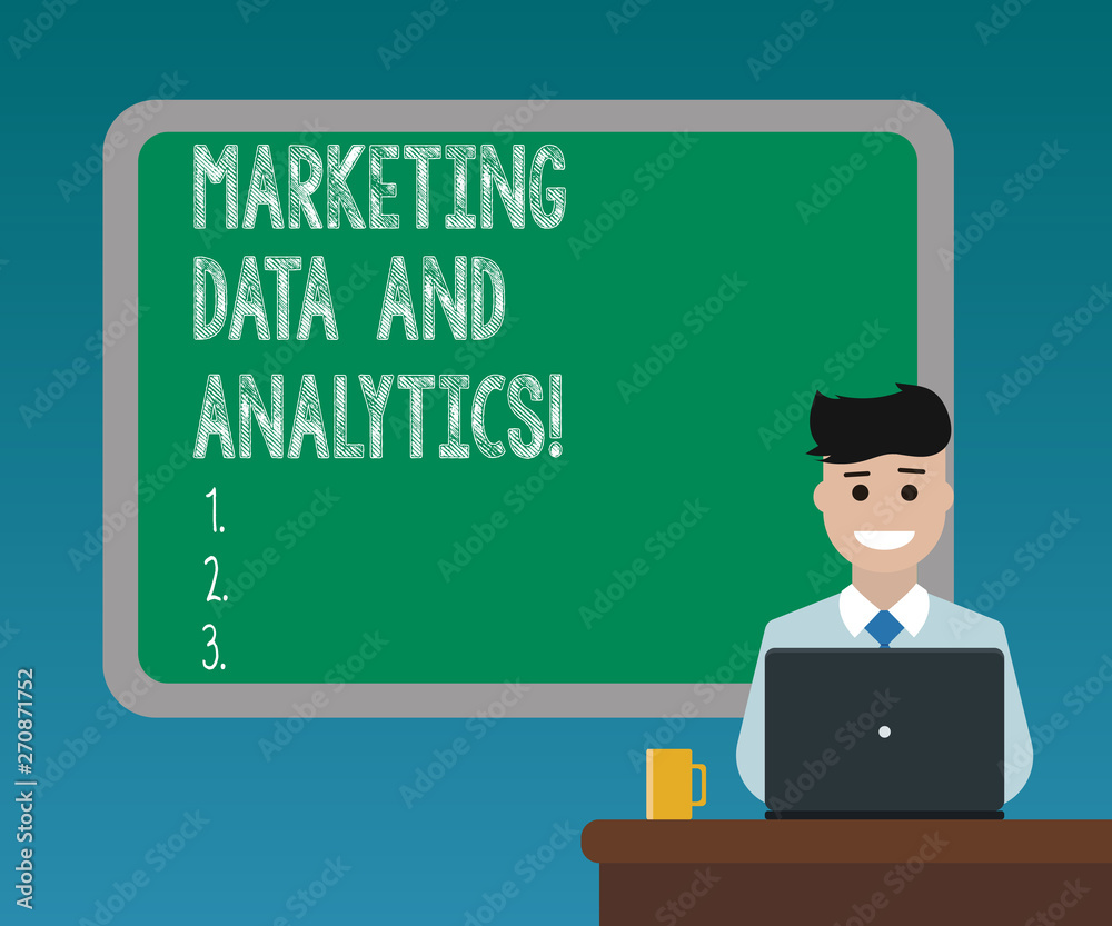 Handwriting text writing Marketing Data And Analytics. Concept meaning Advertising promotion statistical analysis Blank Bordered Board behind Man Sitting Smiling with Laptop Mug on Desk Handwriting text writing Marketing Data And Analytics. Concept meaning Advertising promotion statistical analysis Blank Bordered Board behind Man Sitting Smiling with Laptop Mug on Desk