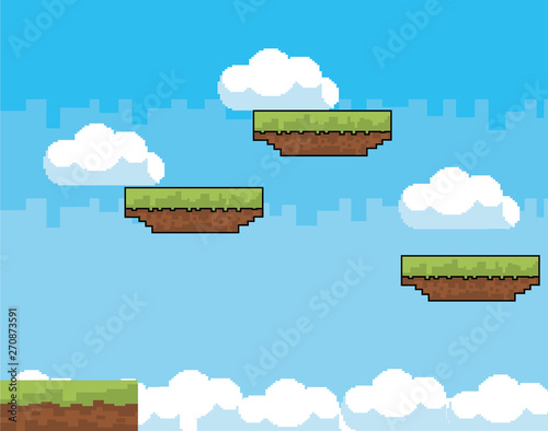 Arcade game world and pixel scene design  vector illustration