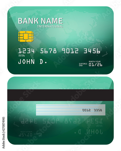 Bank card. Modern credit card template design in color green with subtle world map background	