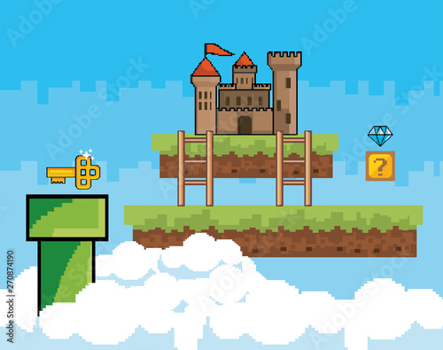 Arcade game world and pixel scene design  vector illustration