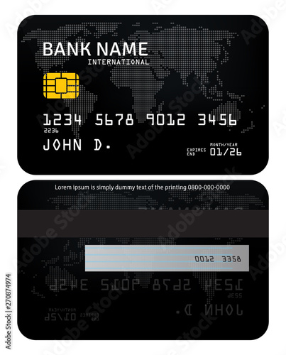 Bank card. Modern credit card template design in color black with subtle world map background	