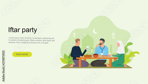 	 Ramadan kareem. Iftar Eating After Fasting concept. Family dinner on Ramadan or celebrating Eid mubarak. Islamic kids Book Illustration, Landing page templates, Banner,Card Invitation, Social media