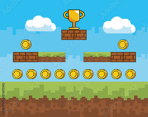 Arcade game world and pixel scene design  vector illustration