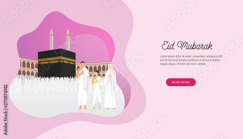 Happy eid mubarak with people character and makkah concept. Hajj or umrah illustration design for Landing page templates, Story board, Book Illustration, Banners, Card Invitation and Social media.