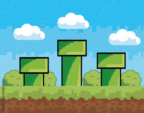 Arcade game world and pixel scene design  vector illustration