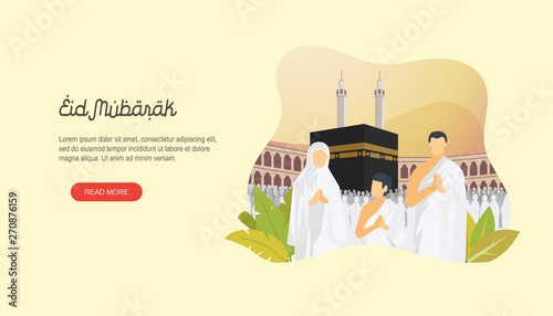 Happy eid mubarak with people character and makkah concept. Hajj or umrah illustration design for Landing page templates, Story board, Book Illustration, Banners, Card Invitation and Social media.
