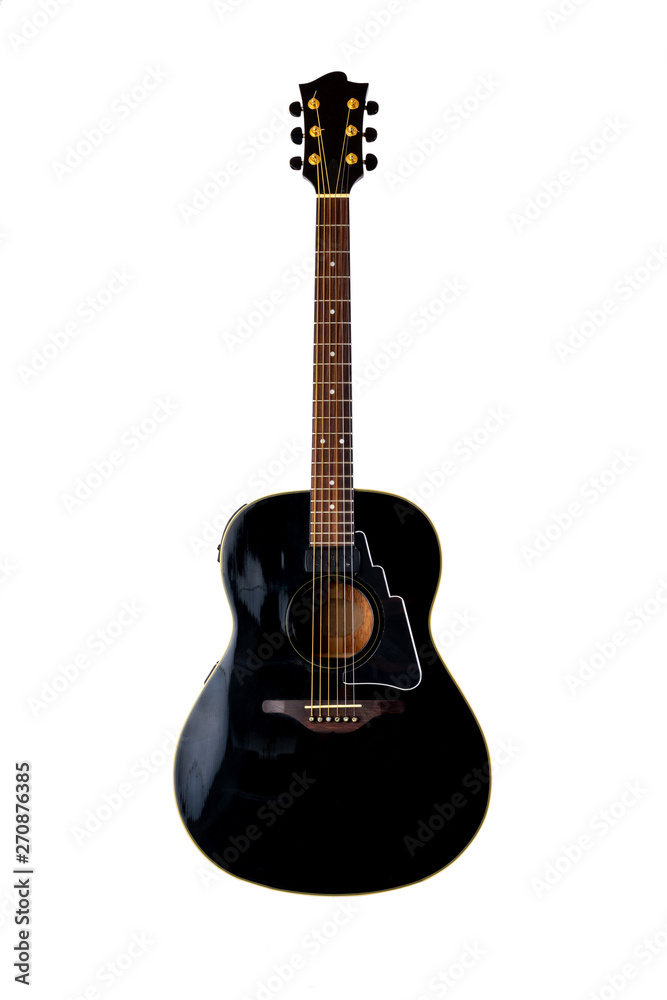 Musical instrument wooden six-string guitar black isolated on white background