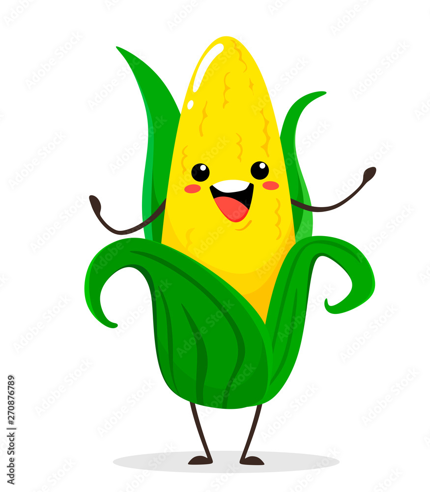 Corn. Cute funny corn in cartoon kawai style. Vector isolate on white  background Stock Vector | Adobe Stock