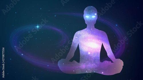 Silhouette of human sitting in the lotus position on cosmos background. Meditation, yoga, trans