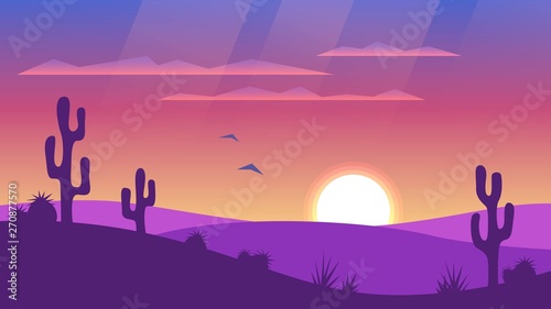 Desert landscape with sunset and silhouettes of cacti. Wild West © lidiia