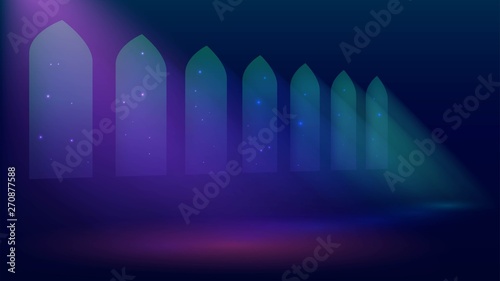 Interior of a mosque, dark room with windows, night, church or castle