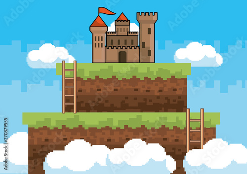 Arcade game world and pixel scene design  vector illustration