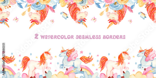 Watercolor seamless border with unicorns  flowers  rainbow  gold. Texture for baby shower  wallpaper  packaging  fabric  nursery  prints.