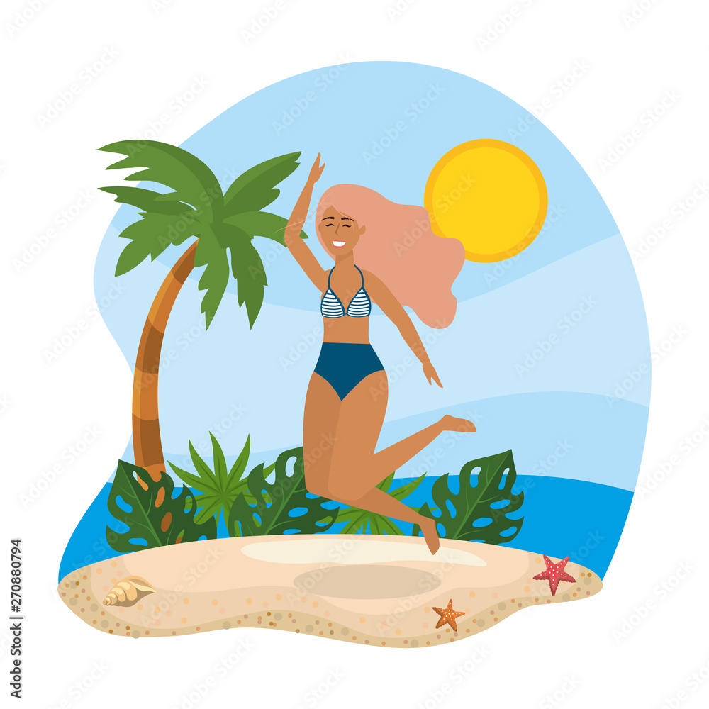 woman jumping and wearing swimsuit with palm tree and leaves plants