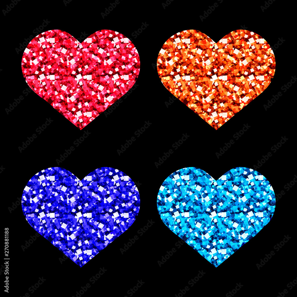Originaly vector texture, bright color glitter textur on heart shapes. Set of isolated icons for cards, web background, invitations, valentines, posters. Bright template.