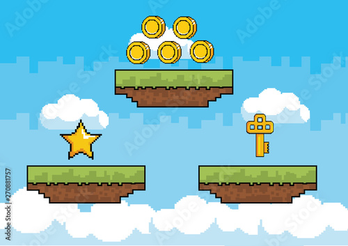 Arcade game world and pixel scene design  vector illustration