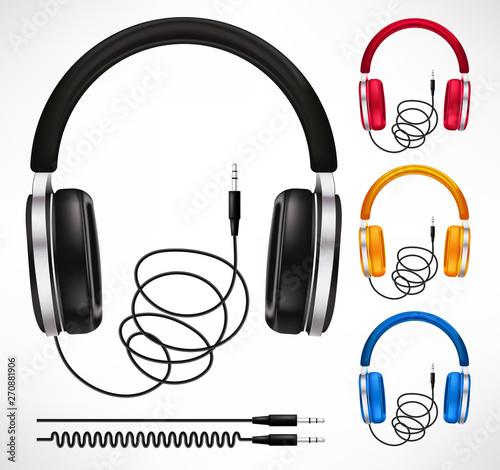 Headphones Different Colors Style Set Headset In Isolated Background Used to Listening Sound and Music. Vector Illustration