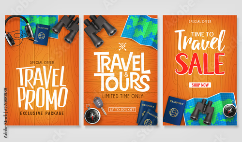 Travel Vector Set Template with Creative Stylish Text Logo and Realistic 3D Traveling Item Elements in Wooden Background Illustration Design. For Promotional Purposes
