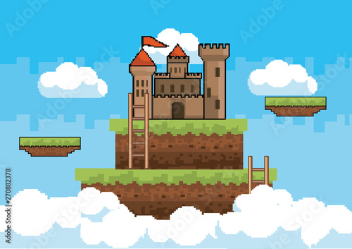 Arcade game world and pixel scene design  vector illustration