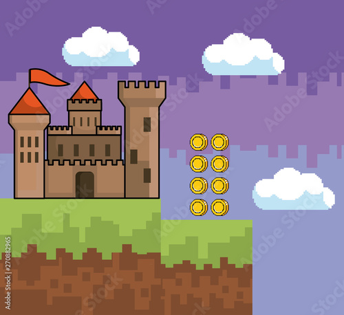 Arcade game world and pixel scene design  vector illustration