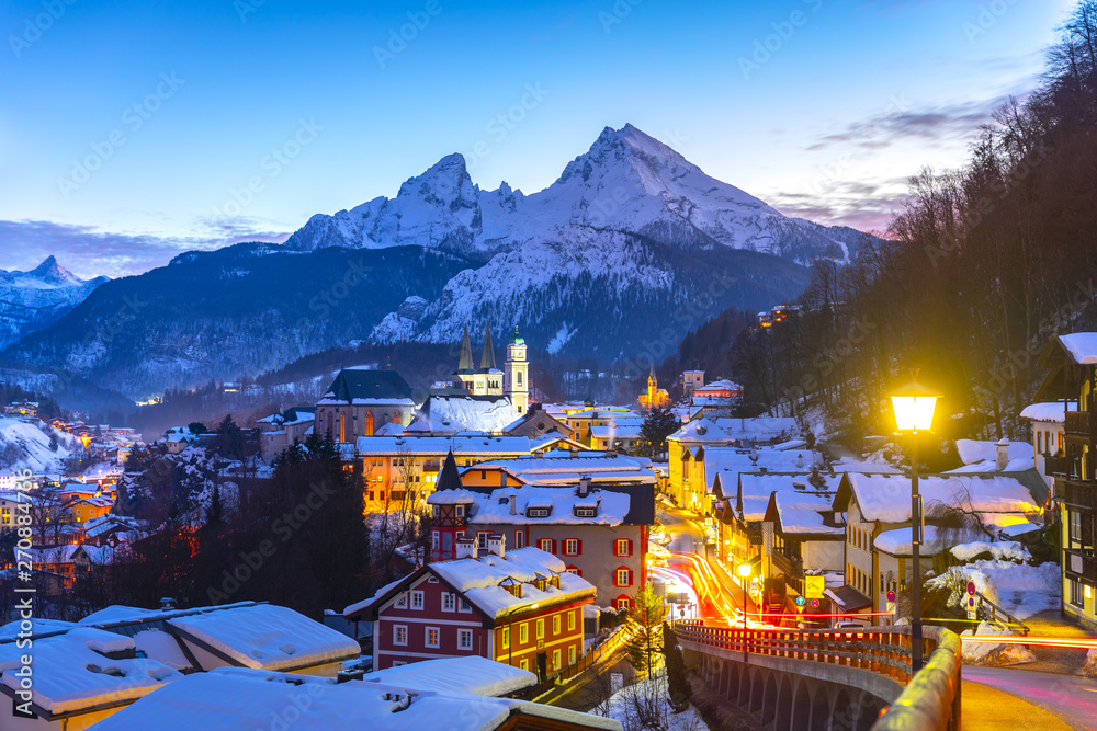 Historic town of Berchtesgaden with famous Watzmann mountain in the background, National park Berchtesgadener, Upper Bavaria, Germany