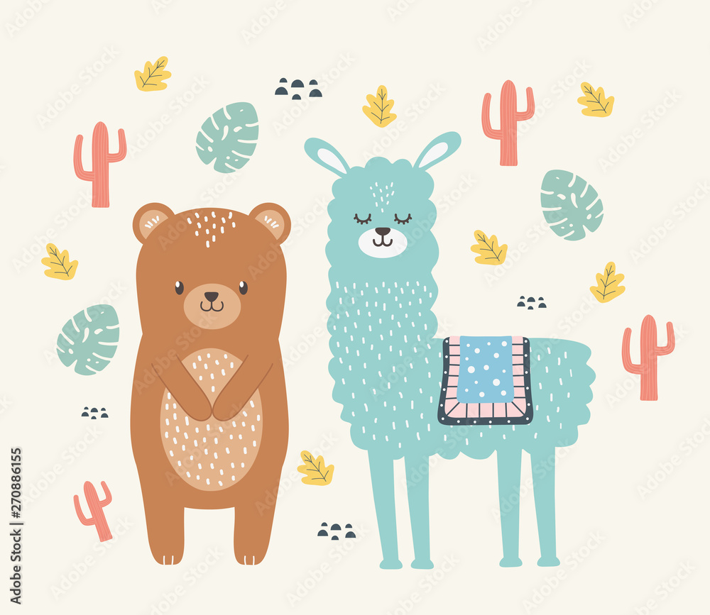 Obraz premium Bear and llama cartoon design vector illustration