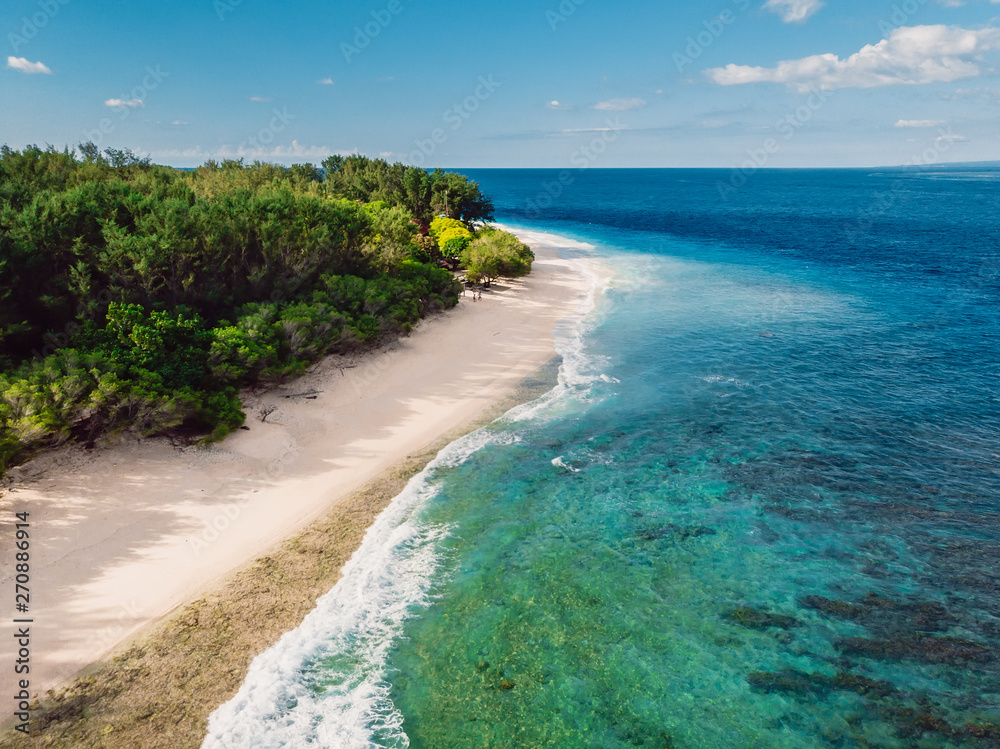 Tropical beach and blue ocean. Aerial view. Paradise island
