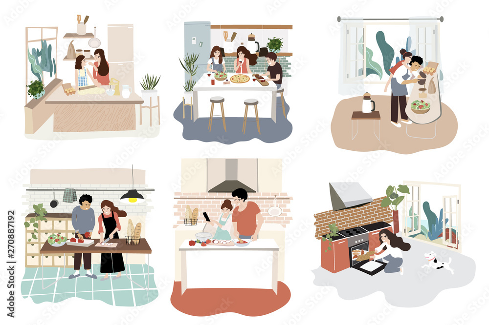 Family character design in kitchen with activity on cooking