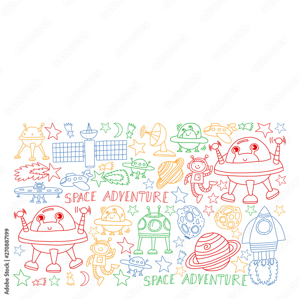 Vector set of space elements icons in doodle style. Painted, colorful, pictures on a piece of paper on white background. Vector set of space elements icons in doodle style. Painted, colorful, pictures on a piece of paper on white background.