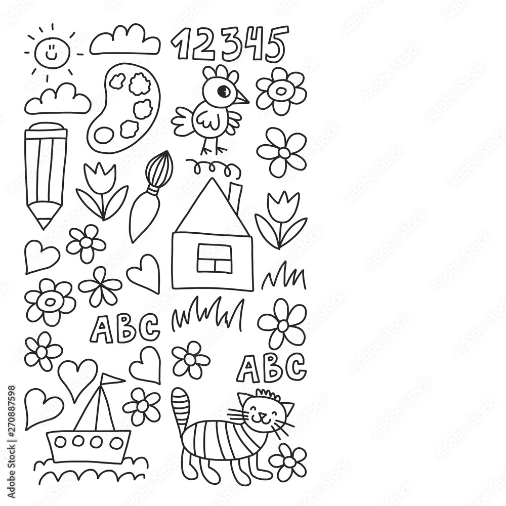 Kindergarten pattern, drawn kids garden elements pattern, doodle drawing, vector illustration, monochrome, black, white.