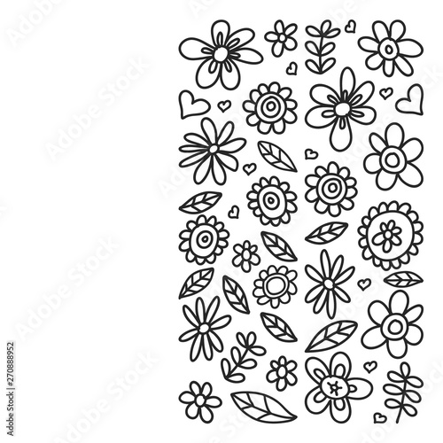 Vector set of child drawing flowers icons in doodle style. Painted  black monochrome  pictures on a piece of paper on white background.