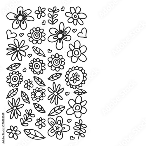 Vector set of child drawing flowers icons in doodle style. Painted  black monochrome  pictures on a piece of paper on white background.