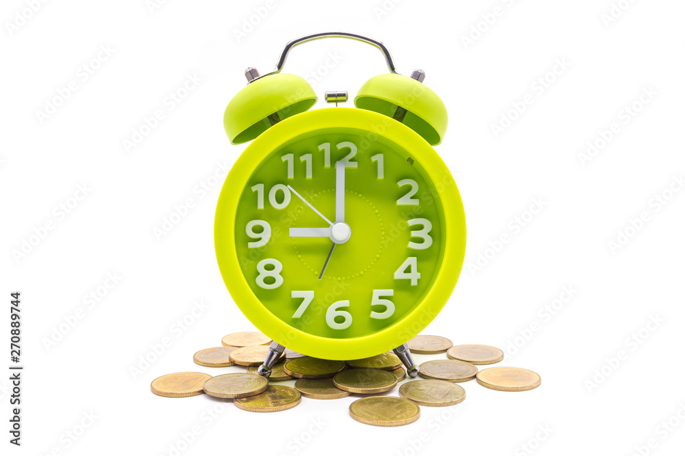 Alarm clock with coins isolated on white background. Alarm clock with coins isolated on white background.