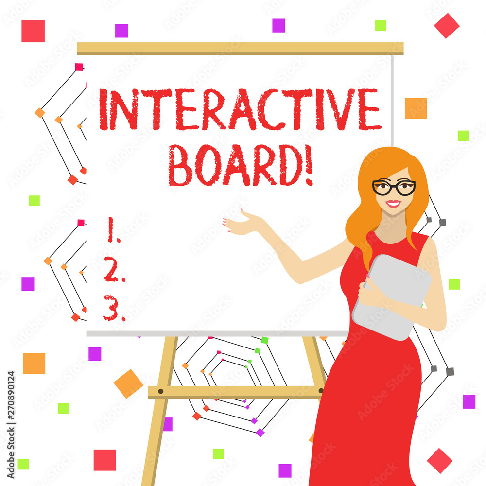 Word writing text Interactive Board. Business photo showcasing standalone touchscreen computer used independently White Female in Glasses Standing by Blank Whiteboard on Stand Presentation Word writing text Interactive Board. Business photo showcasing standalone touchscreen computer used independently White Female in Glasses Standing by Blank Whiteboard on Stand Presentation