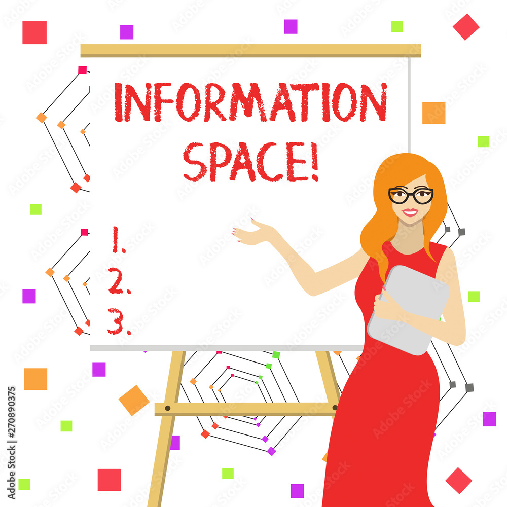 Word writing text Information Space. Business photo showcasing place especially a website where information is available White Female in Glasses Standing by Blank Whiteboard on Stand Presentation Word writing text Information Space. Business photo showcasing place especially a website where information is available White Female in Glasses Standing by Blank Whiteboard on Stand Presentation