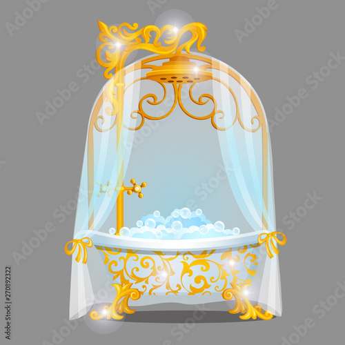Exquisite design bath with a golden florid ornaments filled with water with foam isolated on a grey background. Idea of created interior of the bathroom. Vector cartoon close-up illustration.