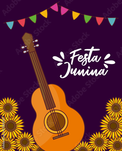 festa junina card with guitar and sunflowers