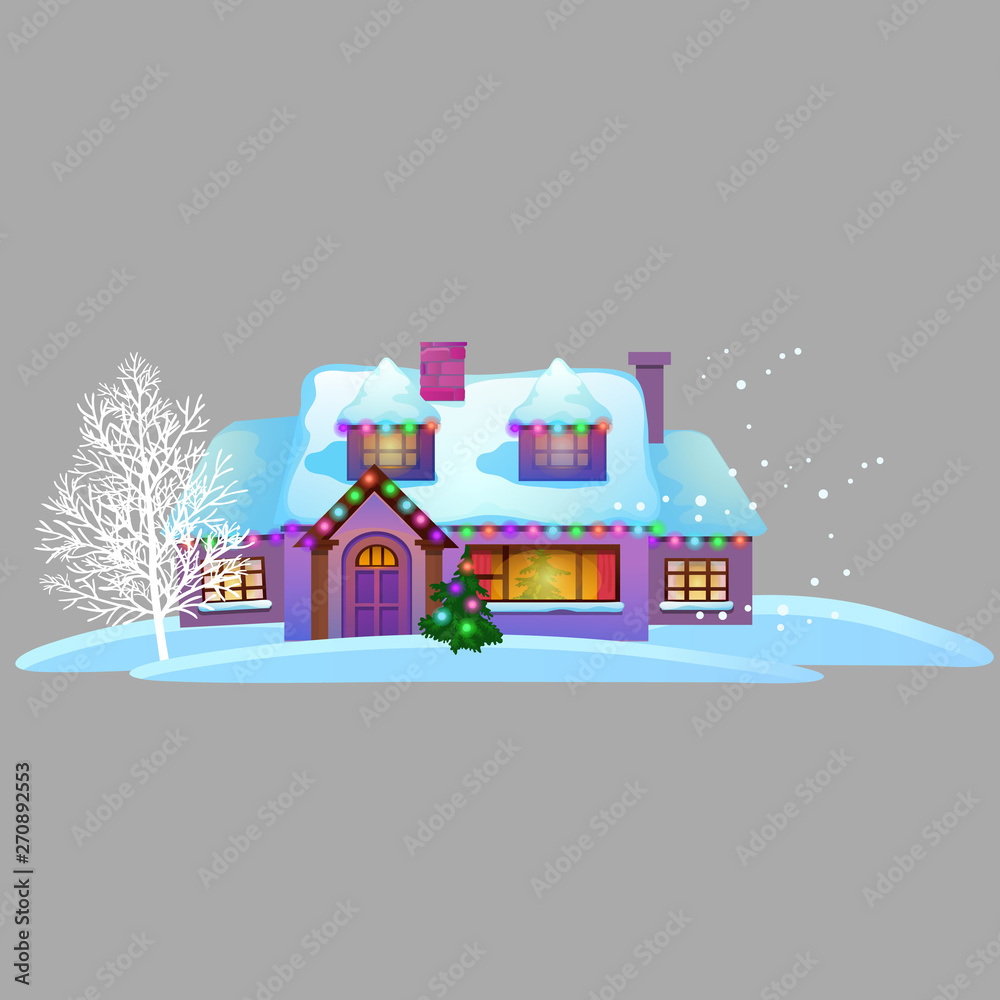 Cozy rustic small house with glowing windows isolated on grey background. Sample of poster, party holiday invitation, festive card. Vector cartoon close-up illustration.